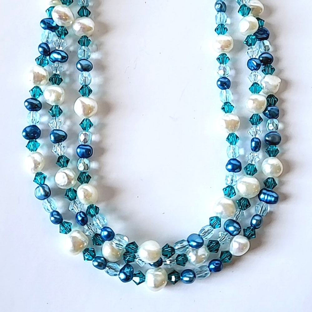 BLUE & WHITE PEARL & AQUA CRYSTAL NECKLACE - TRIPLE STRAND, STERLING CLASP - Picture 3 of 10
